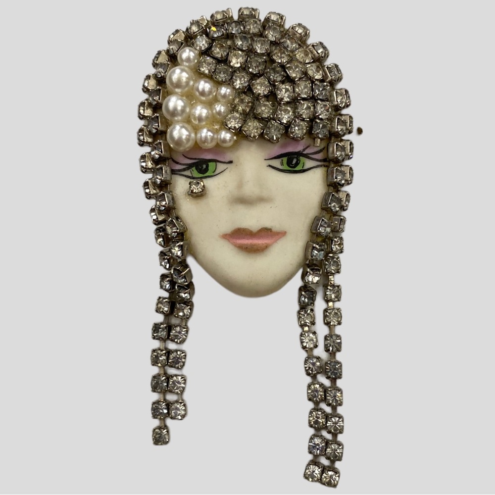 Vintage Porcelain Flapper Brooch with Crystal Accents
